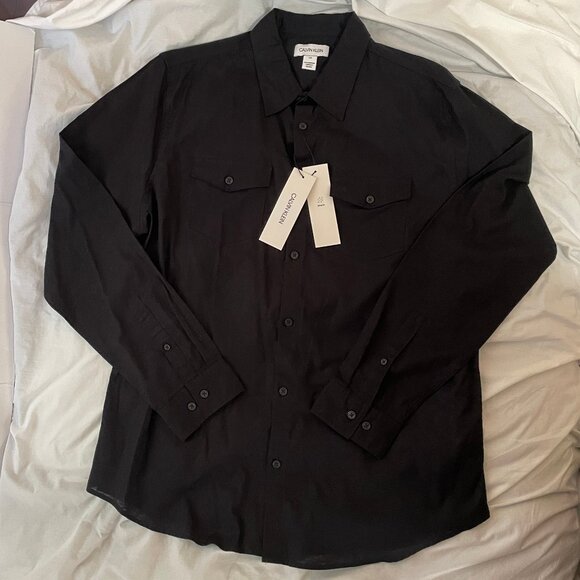 NWT Mens Sz L Calvin Klein Black Stretch Linen Blend Long Sleeve Button Down - Picture 1 of 16